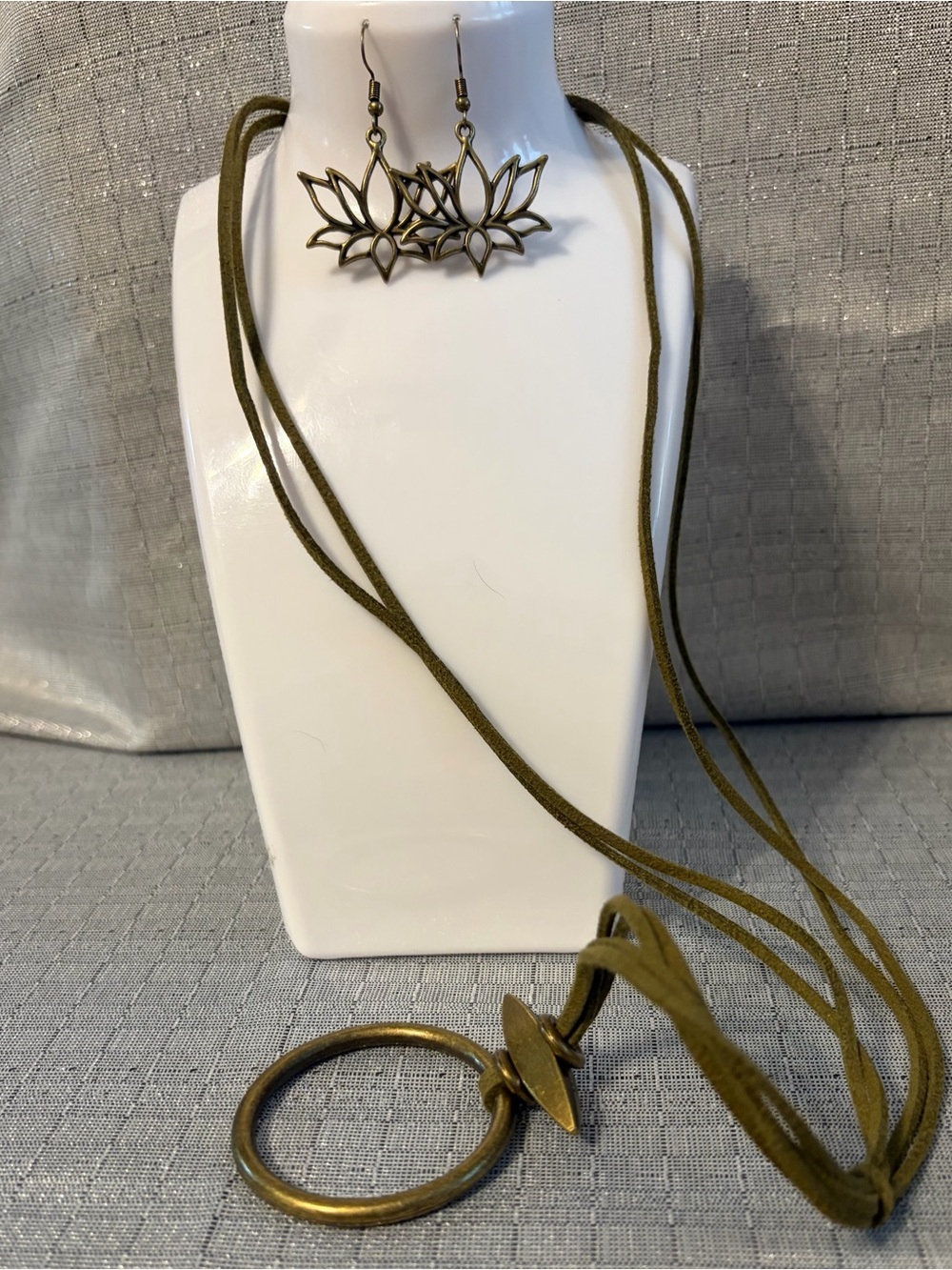 Brass Lotus Earrings & Olive Suede Necklace Set